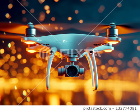 A high-tech drone captured in dynamic, vibrant lighting. 132774081