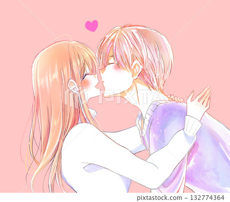 Man about to kiss and smiling woman in winter 132774364