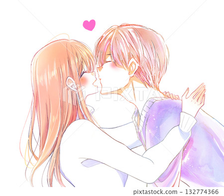 Man about to kiss and smiling woman in winter 132774366