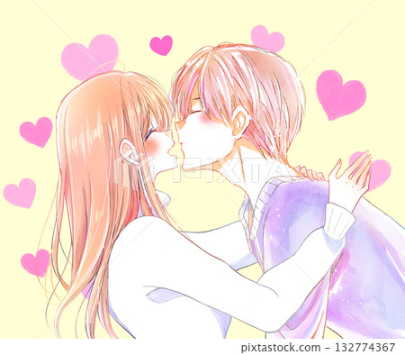 A man about to kiss a smiling woman in winter, heart shape A man about to kiss a smiling woman in winter, heart shape 132774367