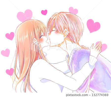 A man about to kiss a smiling woman in winter, heart shape A man about to kiss a smiling woman in winter, heart shape 132774369