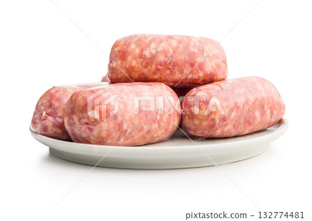 Photo of italian sausage salsiccia isolated on white background. 132774481