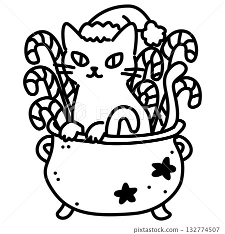 Adorable Gothic Cat in Cauldron Line Art Illustration Kawaii Spooky Christmas Character Cute Kitty with Candy Canes Doodle for Coloring Pages Stickers and Crafts 132774507
