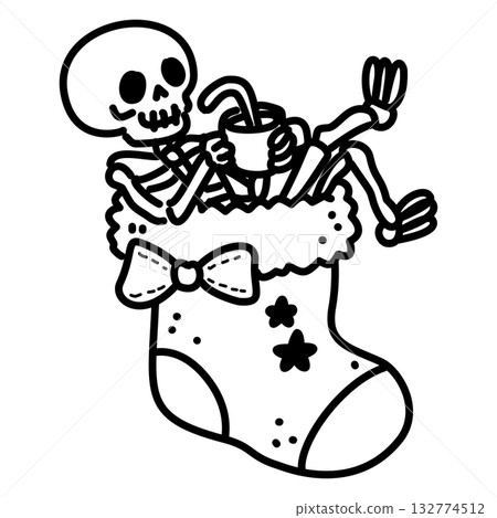 Cute Skeleton Sitting in Christmas Stocking Line Art Illustration Kawaii Gothic Holiday Character Cozy Spooky Design for Coloring Pages Stickers and Craft Projects Cute Skeleton Sitting in Christmas Stocking Line Art Illustration Kawaii Gothic Holiday Character Cozy Spooky Design for Coloring Pages Stickers and Craft Projects 132774512