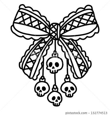 Cute Gothic Lace Bow with Dangling Skulls Line Art Illustration Kawaii Dark Christmas Decoration Spooky Ribbon Doodle for Coloring Pages Stickers and Craft Designs Cute Gothic Lace Bow with Dangling Skulls Line Art Illustration Kawaii Dark Christmas Decoration Spooky Ribbon Doodle for Coloring Pages Stickers and Craft Designs 132774513