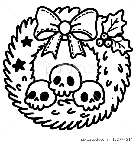 Adorable Skull Christmas Wreath Line Art Illustration Kawaii Gothic Holiday Decoration Cute Spooky Garland Doodle for Coloring Pages Stickers and Craft Projects 132774514