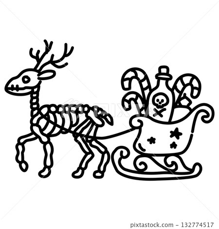 Kawaii Skeleton Reindeer Pulling Sleigh Line Art Illustration Gothic Christmas Holiday Doodle Cute Spooky Winter Scene for Coloring Pages Stickers and Crafts 132774517