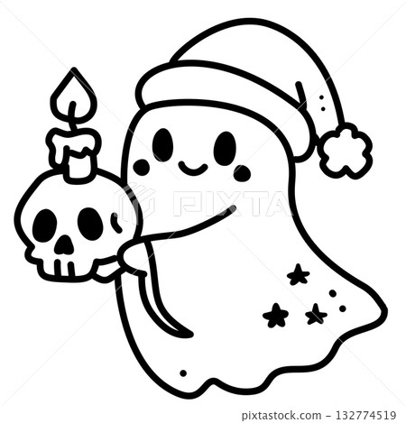 Adorable Ghost with Santa Hat Line Art Illustration Kawaii Gothic Christmas Character Holding Skull Candle Spooky Holiday Doodle for Coloring Pages and Crafts Adorable Ghost with Santa Hat Line Art Illustration Kawaii Gothic Christmas Character Holding Skull Candle Spooky Holiday Doodle for Coloring Pages and Crafts 132774519