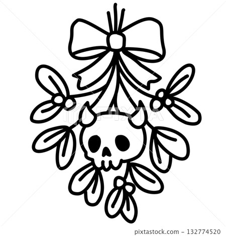 Adorable Devil Skull Mistletoe with Bow Line Art Illustration Kawaii Gothic Christmas Decoration Cute Spooky Holiday Design for Stickers Coloring Pages and Crafts Adorable Devil Skull Mistletoe with Bow Line Art Illustration Kawaii Gothic Christmas Decoration Cute Spooky Holiday Design for Stickers Coloring Pages and Crafts 132774520