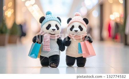 Happy panda with shopping bags in both hands Happy panda with shopping bags in both hands 132774582