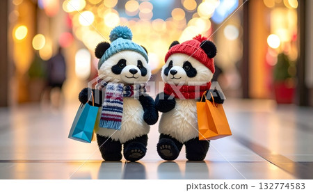 Happy panda with shopping bags in both hands 132774583