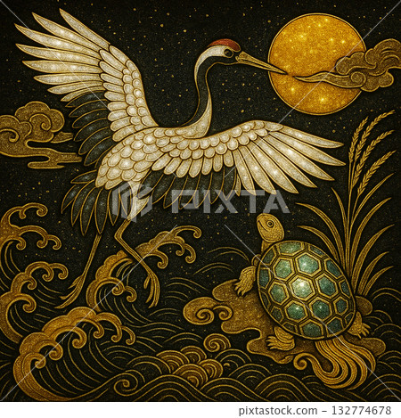 Gold-painted crane and turtle - auspicious Japanese illustration 132774678