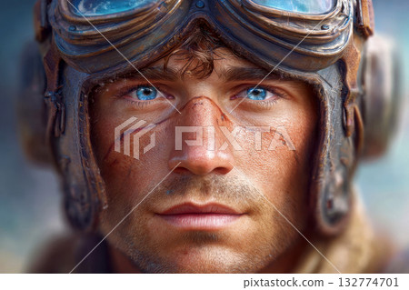 Close up of man with blue eyes wearing vintage pilot helmet 132774701