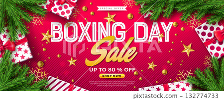Boxing Day Sale Design with Gift Box, Golden Ornamental Ball, Fir Branch and Typography Lettering on Red Background. Christmas Holiday Shopping Day Vector Business Illustration with Special Offer 132774733