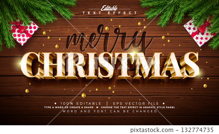 Merry Christmas Text Effect Design Editable Vector Graphic Style with 3D Gold and Engraved Typography Lettering on Vintage Wood Background. Winter Holiday Scalable Illustration Template with Goft Box 132774735