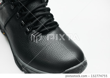 Winter black leather boot sneaker shoe with laces on white Winter black leather boot sneaker shoe with laces on white 132774755
