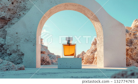 Minimalist amber perfume bottle under a stone arch 132774765