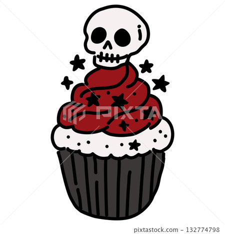 Adorable Gothic Cupcake Illustration Kawaii Spooky Christmas Dessert with Skull Topper Red Frosting and Black Stars Cute Holiday Doodle for Coloring Pages and Crafts 132774798