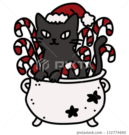 Adorable Gothic Cat in Cauldron Illustration Kawaii Spooky Christmas Character Red and White Candy Canes Cute Holiday Doodle for Coloring Pages and Craft Designs Adorable Gothic Cat in Cauldron Illustration Kawaii Spooky Christmas Character Red and White Candy Canes Cute Holiday Doodle for Coloring Pages and Craft Designs 132774800