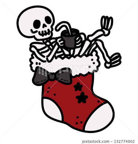 Kawaii Skeleton in Christmas Stocking Line Art Illustration Cute Gothic Holiday Character with Candy Cane and Red Bow Spooky Cozy Doodle for Coloring Pages and Crafts Kawaii Skeleton in Christmas Stocking Line Art Illustration Cute Gothic Holiday Character with Candy Cane and Red Bow Spooky Cozy Doodle for Coloring Pages and Crafts 132774802