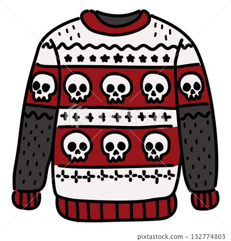 Cute Gothic Christmas Sweater Line Art Illustration Kawaii Skull Pattern Ugly Sweater Red and Black Spooky Holiday Fashion Doodle for Coloring Pages and Crafts Cute Gothic Christmas Sweater Line Art Illustration Kawaii Skull Pattern Ugly Sweater Red and Black Spooky Holiday Fashion Doodle for Coloring Pages and Crafts 132774803