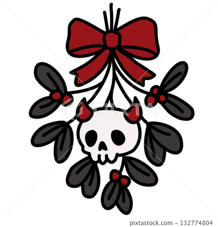 Cute Gothic Mistletoe Line Art Illustration Kawaii Spooky Christmas Decor with Red Bow and Devil Skull Creepy Cute Holiday Doodle for Coloring Pages and Crafts Cute Gothic Mistletoe Line Art Illustration Kawaii Spooky Christmas Decor with Red Bow and Devil Skull Creepy Cute Holiday Doodle for Coloring Pages and Crafts 132774804