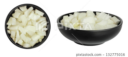 Onion slices in a ceramic bowl isolated on a white background. Top view. Flat lay. Onion slices in a ceramic bowl isolated on a white background. Top view. Flat lay. 132775016