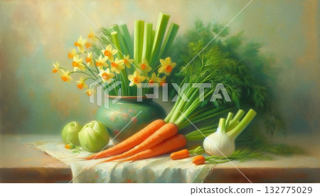 Painterly Still Life of Fresh Carrots, Celery, Fennel, and Yellow Daffodils Painterly Still Life of Fresh Carrots, Celery, Fennel, and Yellow Daffodils 132775029