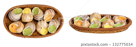 escargot snail filled with different fillings in a wicker basket isolated on white background. Top view. Flat lay escargot snail filled with different fillings in a wicker basket isolated on white background. Top view. Flat lay 132775034