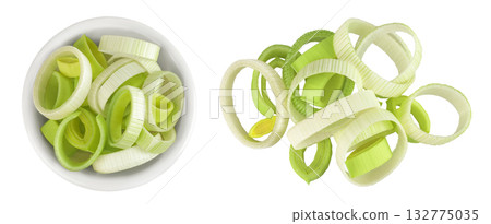 sliced Leek vegetable in ceramic bowl isolated on white background. Top view. Flat lay sliced Leek vegetable in ceramic bowl isolated on white background. Top view. Flat lay 132775035