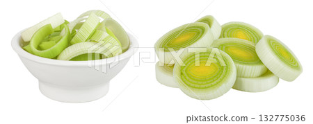 sliced Leek vegetable in ceramic bowl isolated on white background with full depth of field 132775036