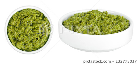 Pesto sauce in ceramic bowl isolated on white background. Top view. Flat lay Pesto sauce in ceramic bowl isolated on white background. Top view. Flat lay 132775037