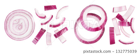 Red onion slices isolated on a white background. Top view. Flat lay 132775039