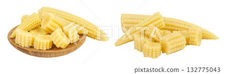 Pickled young baby corn cobs in wooden bowl isolated on white background Pickled young baby corn cobs in wooden bowl isolated on white background 132775043