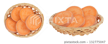 Sweet potato in a wicker basket isolated on white background. Top view. Flat lay 132775047