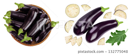 eggplant in a wicker basket isolated on white background with full depth of field. Top view. Flat lay 132775048