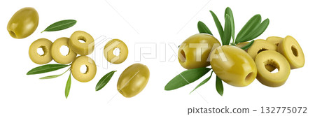 Green olives with leaves isolated on a white background with full depth of field. Top view. Flat lay Green olives with leaves isolated on a white background with full depth of field. Top view. Flat lay 132775072