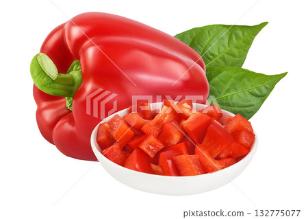 slices of red sweet bell pepper in ceramic bowl isolated on white background with full depth of field 132775077