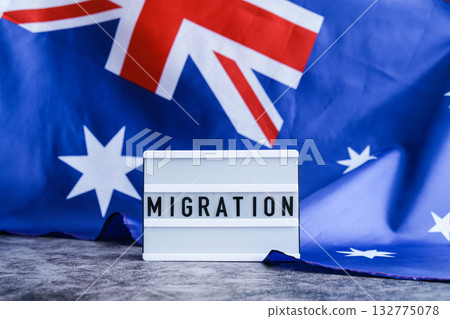 Message MIGRATION on background of Australian flag made from silk. Australia national flag with concept of tourism and traveling. welcoming 132775078