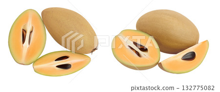 Sapodilla isolated on white background with full depth of field. Top view. Flat lay Sapodilla isolated on white background with full depth of field. Top view. Flat lay 132775082