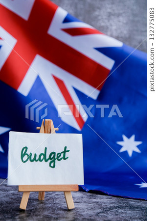 Australian flag background with text BUDGET for financial reports. Concept of fiscal planning and national funding ideal for economic or governmental Australian flag background with text BUDGET for financial reports. Concept of fiscal planning and national funding ideal for economic or governmental 132775083
