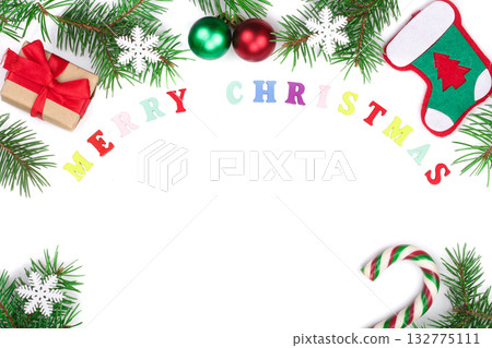 merry christmas inscription in frame made of fir branches isolated on white background with copy space for your text 132775111