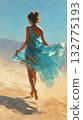 Back view of a woman on the beach with her blue dress fluttering in the wind Back view of a woman on the beach with her blue dress fluttering in the wind 132775193