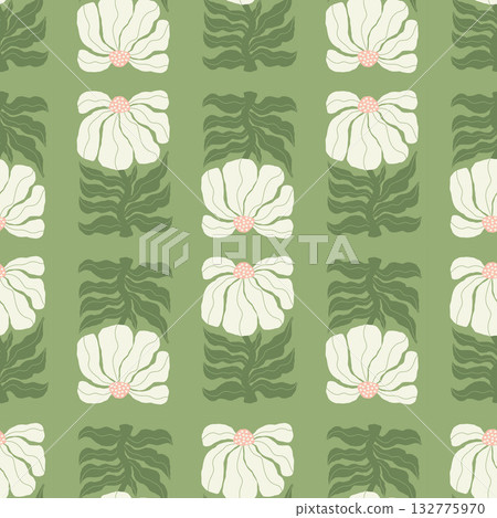 Floral Seamless Pattern. Groovy Abstract White Flower on Green Background. Organic Ornament  in trendy naive retro hippie 60s 70s. Contemporary Folk Art. Vector Illustration. Not AI 132775970
