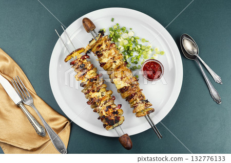Grilled vegetable bacon kebabs. Grilled vegetable bacon kebabs. 132776133