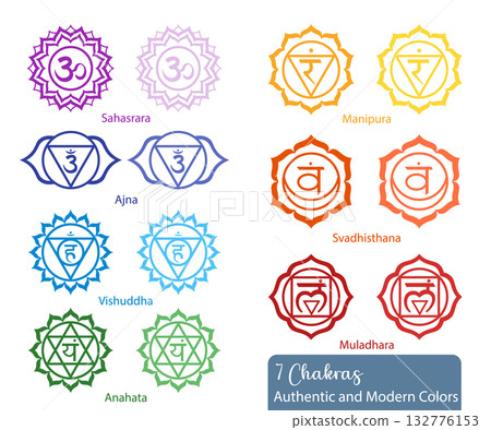 7 Chakra Symbols Authentic and Modern Color Versions, Yoga and Meditation Vector Set 132776153