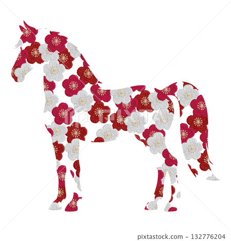 【梅花背景上的馬匹剪影】手工刺繡插畫素材 132776204