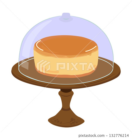 Illustration of a wooden cake stand with a whole cheesecake and rose decorations 132776214