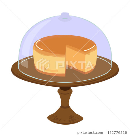 一幅描繪玫瑰花裝飾的蛋糕架和一塊起司蛋糕的插圖 132776216