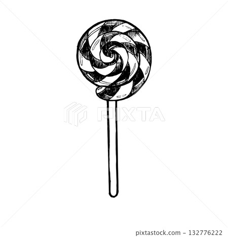 Vector illustration of a Christmas lollipop. Hand-drawn black and white graphic featuring the festive candy. Suitable for holiday designs, packaging, gifts, Christmas cards, and invitations. 132776222